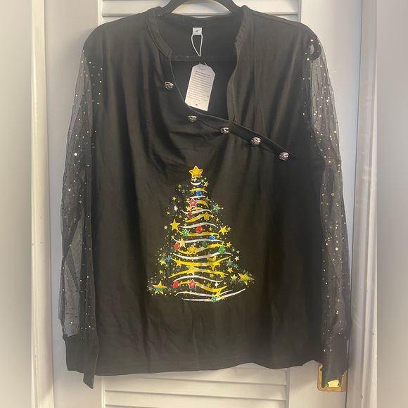 NWT Ugly Christmas Sweater Blouse Size XL XMas Tree, Sheer Sleeves WGold Accents - Picture 1 of 5